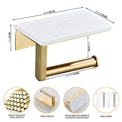 Brushed Gold Toilet Paper Holder with Shelf, 304 Stainless Steel Screw Wall Mounted, Marble Tissue Roll Holder with Storage - color: Brushed Gold