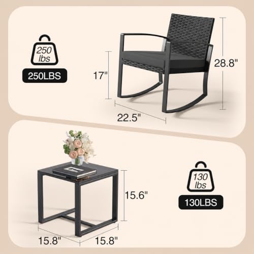 Qsun 3 Pieces Patio Furniture Set Rocking Bistro Set, Outdoor Patio Furniture Set with Coffee Table for Garden Balcony Backyard Poolside (Black Cushion) - color: Black