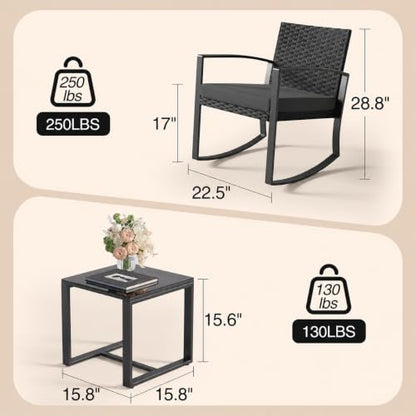 Qsun 3 Pieces Patio Furniture Set Rocking Bistro Set, Outdoor Patio Furniture Set with Coffee Table for Garden Balcony Backyard Poolside (Black Cushion) - color: Black