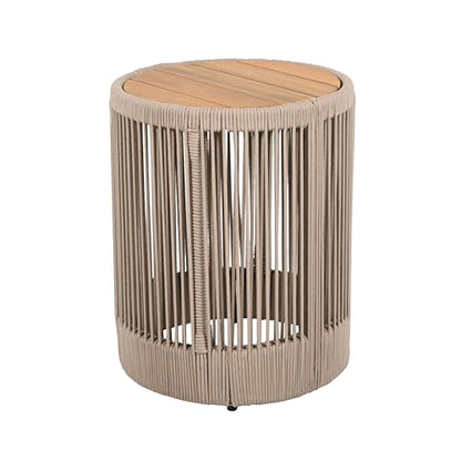 Christopher Knight Home Peyz Acacia Wood Outdoor Side Table Set of 2 with Woven Rope Design, Patio Round Coffee Table Set with Small Side Desk, Functionality Stylish 2 Tables for Garden, Teak + Beige