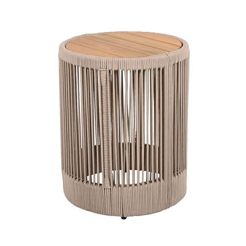 15" Outdoor Rustic Side Table,Rattan Rope & Acacia Wood End Table with Round Top & Iron Frame, Easy Assembly, Versatile Weather-Resistant Patio Furniture for Garden, Yard, Balcony, Beige Teak - size: 15"