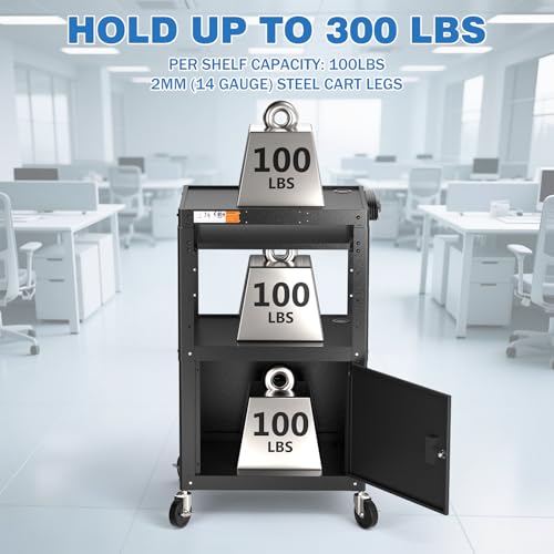 POCHAR Steel Large AV Cart with Locking Cabinet - Adjustable Height Media Carts with Wheels, Pullout Tray, Power Strip for Mobile Work Station - Rolling Computer Cart for Office Classroom Presentation - style: Locking Cabinet with Keyboard Tray (AV-G)