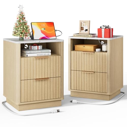 Fluted Nightstand, Night Stand Set 2, Nightstands Set of 2 with Charging Station and Faux Marble Top, 2 Drawers End Table w/Storage, Modern Bedside Table for Bedroom Living Room,Natural Oak - color: Natural Oak + Faux Marble Top, size: 2 Drawers（18"W）