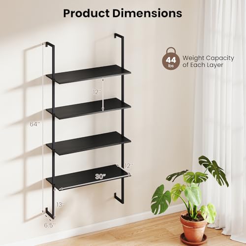 Tangkula 4-Tier Wall-Mounted Bookshelf, Industrial Modern Floating Storage Display Shelves with Metal Frame, Wall-Mounted Ladder Wooden Bookcase for Living Room, Kitchen, Bar, Office (1, Black) - color: Black