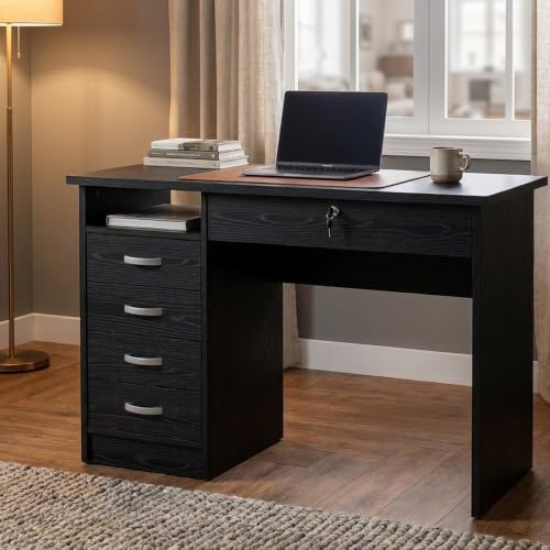 Furnifact Black Home Office Desk with 5 Drawers and Open Shelf, Lockable Storage Computer Desk and Study Table Ideal for Work from Home Setup