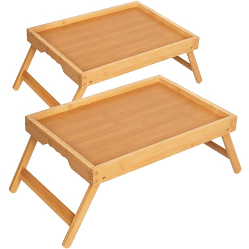 Breakfast Tray with Folding Legs Set of 2, Bamboo Bed Tray Table 15.7" Foldable TV Dinner Tray with Ergonomic Wave Handles for Bed Couch Sofa, Breakfast, Snacks, Coffee, Natural - color: Natural, size: Medium