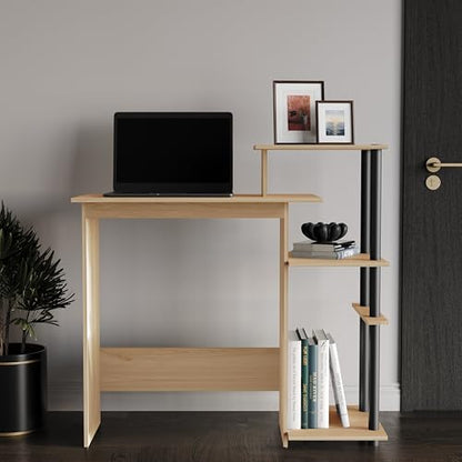 Elegance Writing Desk with Multi-Tier Open Shelves, Study Computer Desk for Home Office, Light Oak - color: Light Oak