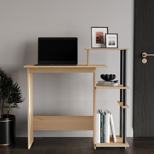 Elegance Writing Desk with Multi-Tier Open Shelves, Study Computer Desk for Home Office, Light Oak - color: Light Oak