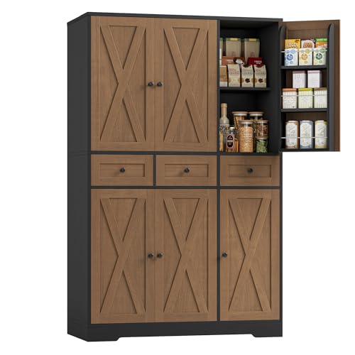 HOSTACK 67"H Farmhouse Kitchen Pantry Storage Cabinet with 3 Drawers, Brown | Large Food Pantry Cabinet with Swing-Out Door Rack & Adjustable Shelf for Kitchen, Dining room, Living room - color: Brown/Black