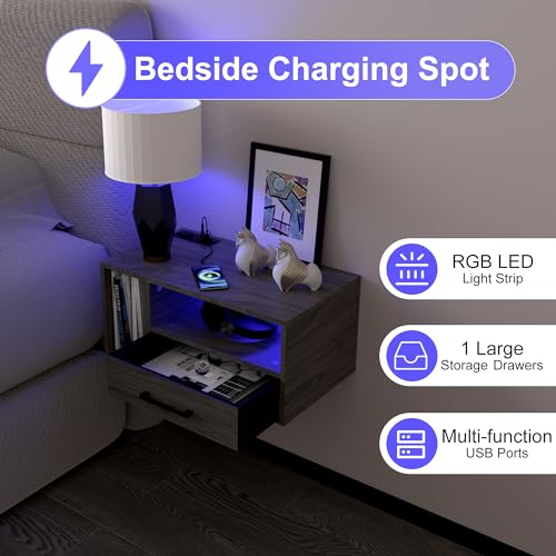 Homaterial Floating Nightstand with Charging Station and LED Lights, Floating Bedside Table with Drawers Wall Mounted Nightstands,for Bedroom Room, 21.3" x 11.8" x 10",Grayish Brown - color: Grayish Brown