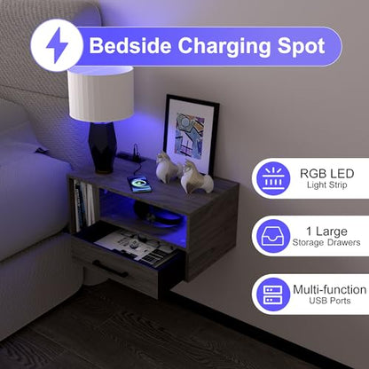 Homaterial Floating Nightstand with Charging Station and LED Lights, Floating Bedside Table with Drawers Wall Mounted Nightstands,for Bedroom Room, 21.3" x 11.8" x 10",Grayish Brown - color: Grayish Brown