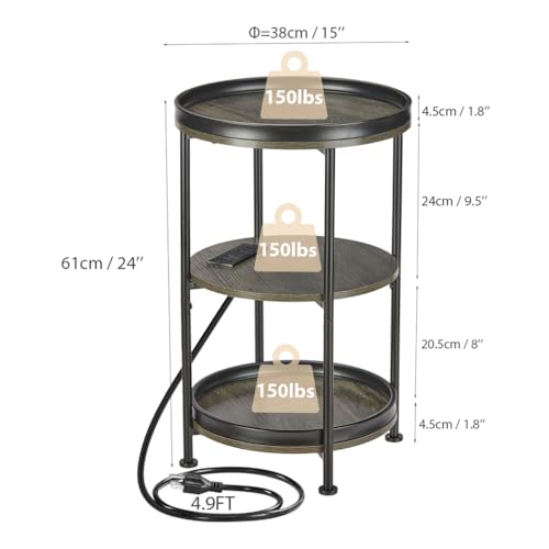 Dulcii Round Side Table with Charging Station, End Table with 3 Shelves for Living Room, Bedroom Nightstand with Steel Frame for Small Spaces, Industrial Round Sofa Table (USB+Grey) - color: Grey, style: With Outlets