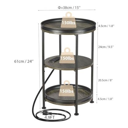 Dulcii Round Side Table with Charging Station, End Table with 3 Shelves for Living Room, Bedroom Nightstand with Steel Frame for Small Spaces, Industrial Round Sofa Table (USB+Grey) - color: Grey, style: With Outlets