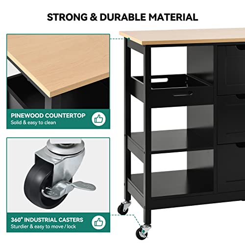 YITAHOME Kitchen Island with Storage, Kitchen Cart for Home, Rolling Serving Utility Trolley Cart on Wheel with 3 Drawers and 3 Storage Shelves, Kitchen Serving Cart for Dining Room, Bar, Black - style: 26.7"W Black
