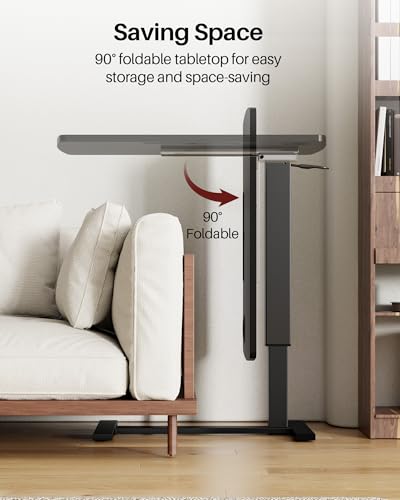 Foldable Overbed Table with Wheels, Pneumatic Adjustable Desk | 31.5 X 17.7 In Desktop with Cup Holders and Tablet Slot, Hidden Casters, 88 Lbs Capacity, Installs on Either Side of Bed - color: Black