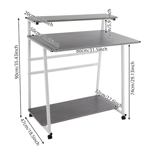 3 Tiers Rolling Computer Desk, 31.5 Inch Home Office Desk with 4 Wheels & 4 Foot Pads, Mobile Small Computer Desk, Student Study Table for Small Space Bedroom (White+Grey) - color: White+grey