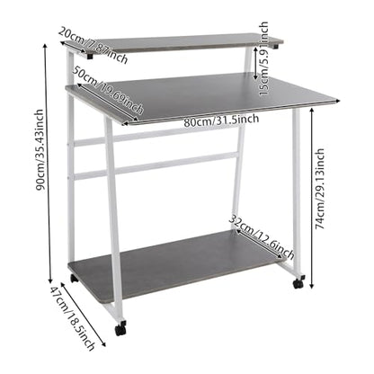 3 Tiers Rolling Computer Desk, 31.5 Inch Home Office Desk with 4 Wheels & 4 Foot Pads, Mobile Small Computer Desk, Student Study Table for Small Space Bedroom (White+Grey) - color: White+grey