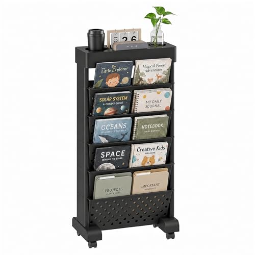 6-Tier Rolling Book Cart, Black, for Study Room & Office | PP Plastic Material, Mobile Bookshelf, File, Magazine Storage, Lockable Wheels, for Classroom, Easy Assembly - color: Black, size: 6-Tier