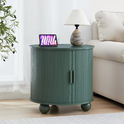 24 Inch Round Nightstand with Charging Station, Green Mid-Century Modern End Side Table with Fulted Sliding Door, Unique Vintage Bedside Table with Storage for Sofa, Couch, Bed (Round, Green) - color: Green, size: 24"-Round