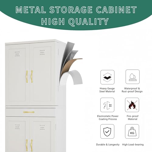YITAHOME 71" Metal Pantry Cabinet with Drawer, Shelves & Door Racks, White | Tall Freestanding Steel Cupboard with 4 Doors, 8 Racks & Adjustable Shelves for Kitchen and Dining Room