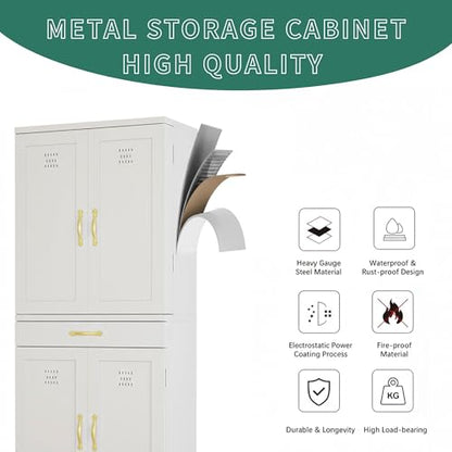 YITAHOME 71" Metal Pantry Cabinet with Drawer, Shelves & Door Racks, White | Tall Freestanding Steel Cupboard with 4 Doors, 8 Racks & Adjustable Shelves for Kitchen and Dining Room
