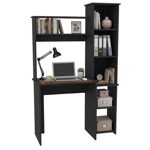 Tuhome Versalles Writing Desk with Two Superior Shelves, Five Side Open Storage Compartments, Space-Saving Modern Workstation Design for Studios and Offices, Ideal for Organization, Books - color: Black