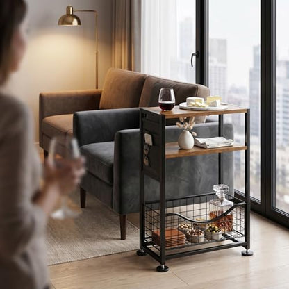 Skinny Side Table with Storage, 3 Tier Slim Side Tables for Small Spaces, Skinny End Table Narrow Bedside Table Narrow Side Table for Living Room, Bedroom - color: Rustic Brown