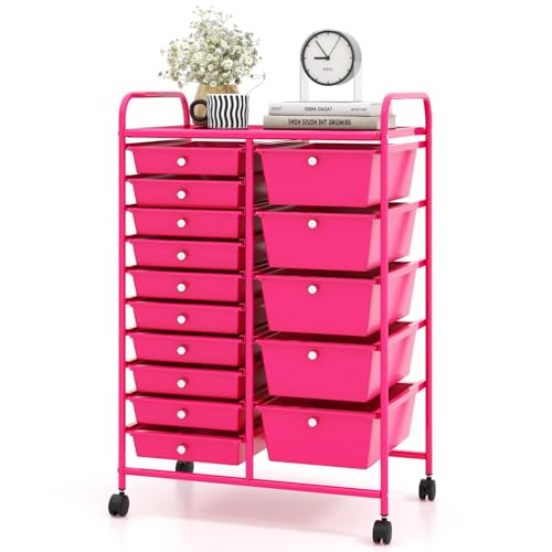 DREAMADE Rolling Cart with 15 Drawers, Rolling Drawer Organizer Cart w/Lockable Wheels, Removable & 2-Sized Storage Drawers, Art Cart for School Home Art Supplies Crafts File Scrapbook - color: Hot Pink, size: 25"L x 14.5"W x 34.5"H