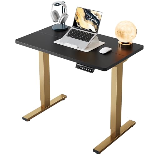 HUANUO 32" Small Electric Standing Desk Adjustable Height, 4 Memory Height Settings, Sit Stand Up Desk for Home Office & Computer Workstation, Black and Gold Frame - color: Black+gold Frame, size: 32" X 19"