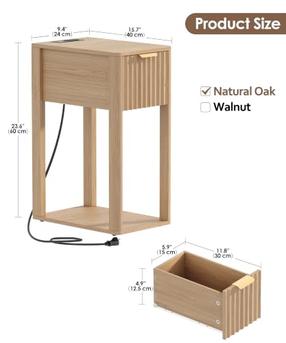 Akxomel Narrow Fluted Nightstands Set of 2, Wooden Slim Bedside Table with Charging Station, Mid-Century Modern Night Stand with Drawer and Open Shelf, Small Side End Table, for Bedroom, Natural Oak - color: Natural Oak