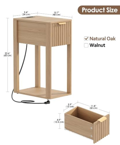 Akxomel Narrow Fluted Nightstands Set of 2, Wooden Slim Bedside Table with Charging Station, Mid-Century Modern Night Stand with Drawer and Open Shelf, Small Side End Table, for Bedroom, Natural Oak - color: Natural Oak