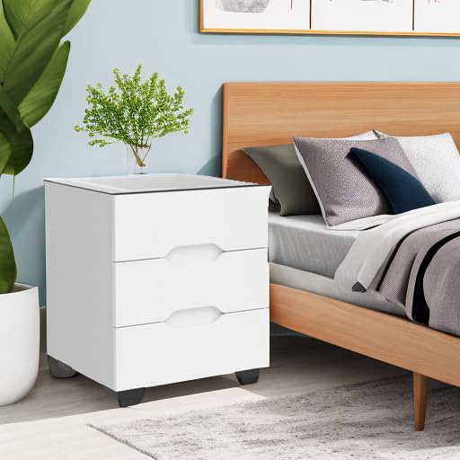 kepptory White Smart Nightstand with Wireless Charging Station & Adjustable LED Lights, High Gloss End Table with 3 Drawers & USB Charging, Bedside Table Organizer for Bedroom Use - color: White