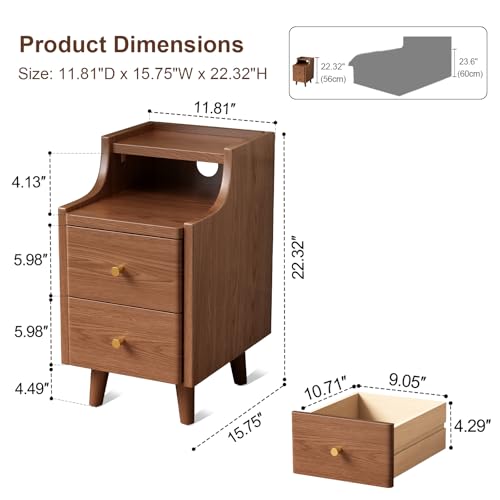 Narrow Nightstand with 2 Drawers,Walnut Nightstand,Bedside Table,Solid Wood Modern Bedside Table for Bedroom,Study,Toilet - color: Walnut, size: 15.75"D x 11.81"W x 22.32"H(2 Drawers)