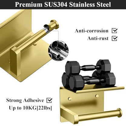Tindbea Toilet Paper Holder with Phone Shelf, Adhesive or Screw Wall Mount Toilet Tissue Roll Holder, Rustproof & Multifunctional Stainless Steel Bathroom Storage Dispenser (Brushed Gold) | Heavy Duty Stainless Steel Brushed Gold - color: E-brushed Gold