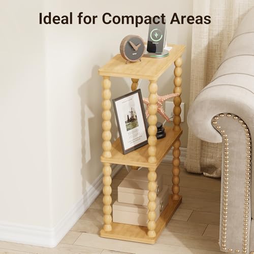 ELYKEN Narrow Side Table with Charging Station, 3-Tier Skinny Bedside Table | Small End Tables Living Room with USB Port and Outlet, Nightstands with Storage Shelf for Bedroom - color: Natural