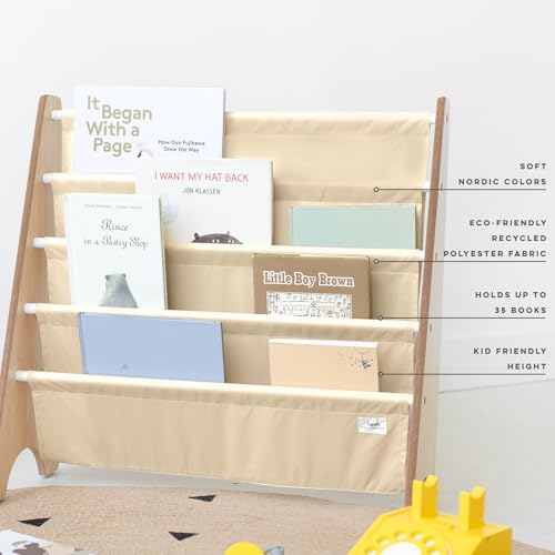 3 Sprouts Recycled Kids Bookshelf, Holds 35 Books, 4-Tier, Beige | Space-saving bookshelf, Children's room, Toddler bookcase organizer, Ages 3+, Book/toy storage, Front-facing, Covers visible - color: Solid Beige
