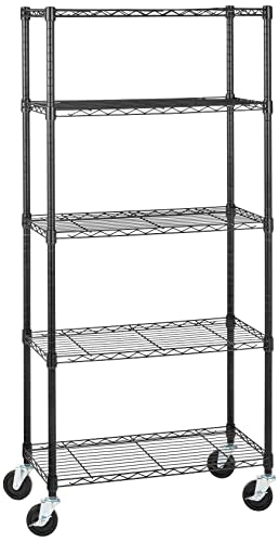 Amazon Basics 5-Shelf Heavy Duty Garage Shelving Storage Rack with 4" Wheel Casters, Adjustable Metal Wire Organizer, 300 lbs Per Shelf, 30" x 14" x 64.75", Black - color: Black, size: 30" L x 14" W x 64.75" H, style: 5 -Shelf