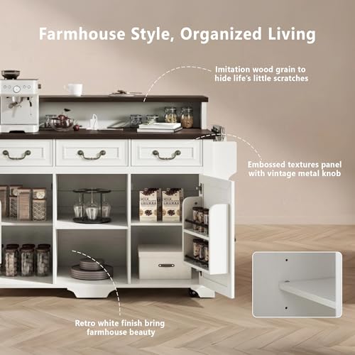 Merax 53.2" Two-Tier Kitchen Island with Storage, Farmhouse Kitchen Island with Power Outlet, 4 Door Shelves, Adjustable Shelves, 3 Drawers, Rolling Island Table, Bar Cabinet for Kitchen, Rustic White - color: Rustic White