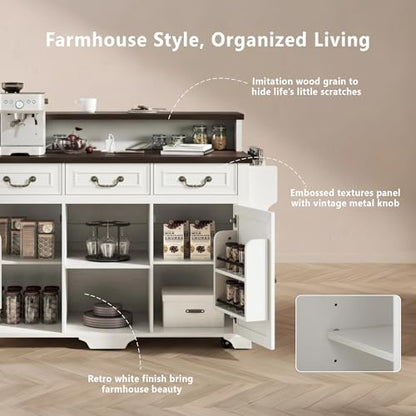Merax 53.2" Two-Tier Kitchen Island with Storage, Farmhouse Kitchen Island with Power Outlet, 4 Door Shelves, Adjustable Shelves, 3 Drawers, Rolling Island Table, Bar Cabinet for Kitchen, Rustic White - color: Rustic White