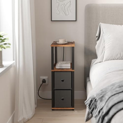 TUTOTAK Small Narrow End Tables, Side Tables with 2 Fabric Drawers, Set of 2, Bedside Tables with Charging Station for Small Spaces, Slim Nightstands with USB Ports and Wheels, TB01BB053 - color: Brown, style: with Outlets