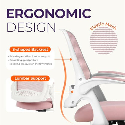 NEO CHAIR Office Desk Gaming Ergonomic Computer Chair with Lumbar Back Support Adjustable Height Swivel Rolling Wheels Flip-up Arms Mesh Chair for Home Vanity (Pink) - color: Pink