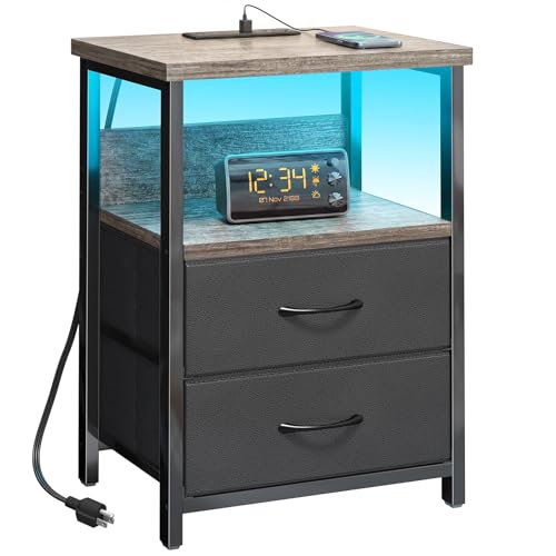 Fixwal Night Stand with Charging Station, LED Nightstand with U-S-B Ports and Outlets, 2 Fabric Storage Drawers with PU Finish, Bed Side Table, French Oak - color: French Oak, size: 23.6"H (2 drawers), style: Power+Light (1pc)