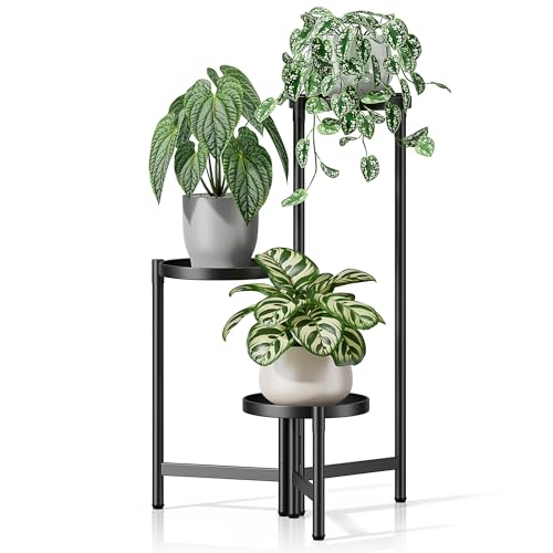 3 Tiered Plant Stand Indoor for Multiple Large Planter, Tall Heavy Duty Adjustable Folding Rack with Rustproof 7.9 Inch Wide Tray, Plant Shelf for Corner Living Room - BlackDisk - color: BlackDisk, size: 3-tiers