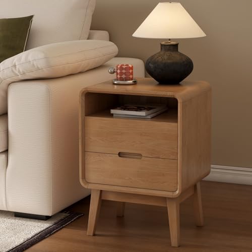 100% Solid Oak Wood Nightstand with 2 Drawers, Mid Century Modern Night Stand with Open Shelf, Wooden Nightstand, Small Night Stand for Small Spaces, Oak Bedside Table for Bedroom(23.23" H) - color: Natural Oak, style: 2 Drawer & Open Storage-1