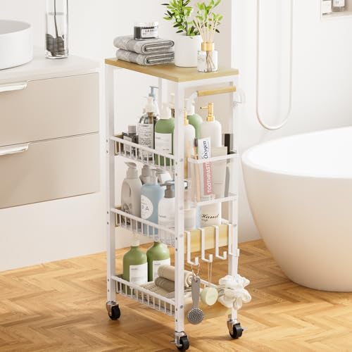 DTUQYX Slim Bathroom Storage Cart, 4 Tier Small Rolling Organizer Cabinet with Wood Top Handle, Mobile Shelving Unit Slide Out for Office, Kitchen, Laundry Room & Narrow Places (9.1" W Wood Basket) - color: Pearl White, size: 7.88"W Wooden Wire Basket