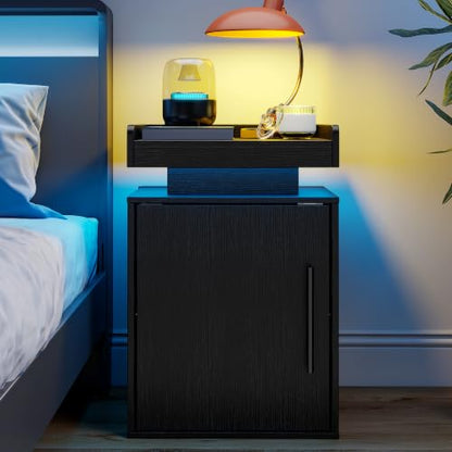Baoz Black Nightstand Set of 2 with Door, 24" Tall Led Modern Bedside Table | Wood Night Stand with Side Open Shelf & Adjustable Shelf for Bedroom, Smart Lights with RGB Colors
