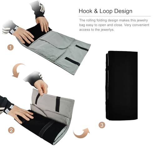 Velvet Travel Jewelry Case Roll Bag Organizer for Necklace Bracelet Earrings Ring (Black) (grey and black) - color: Grey and Black