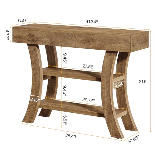 Tribesigns 41" Small Console Table for Entryway, 3-Tier Narrow Rustic Sofa Table with Storage Shelves and Curved Frame for Living Room, Entry, Hallway, Foyer (Oak Brown)