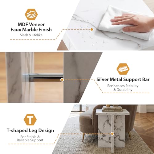 Hyfirm Modern Faux Marble Side Table Small T-Shaped End Table White | Space-Saving Accent Table with Marble Finish Nightstand for Use Beside Sofas in Living Rooms Bedrooms Apartments and Offices - color: White Marble
