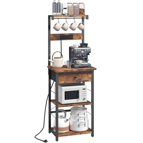 MAHANCRIS Bakers Rack with Drawer, Microwave Stand with Power Outlet, Coffee Bar Station with 4 Hooks, Kitchen Storage Shelf Rack 4 Tiers, for Kitchen, Dining Room, Rustic Brown and Black BRHR48E01 - color: Rustic Brown and Black